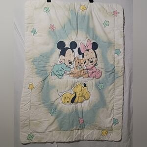 Vintage Baby Minnie And Mickey Crib Quilt - Cream, Blue, and Pink